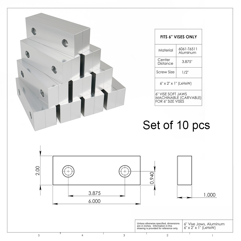 6/" x 2/" x 1/" Standard Aluminum Soft Jaws Set Fits Kurt 6/" Vises 1 SET